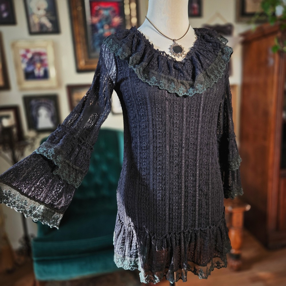 Goth Top Black Lace Victorian Ruffle Bell Sleeve Steampunk Blouse S